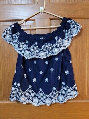 Maurices Embroidered Off-The-Shoulder Blouse Womens L Navy Floral Detail